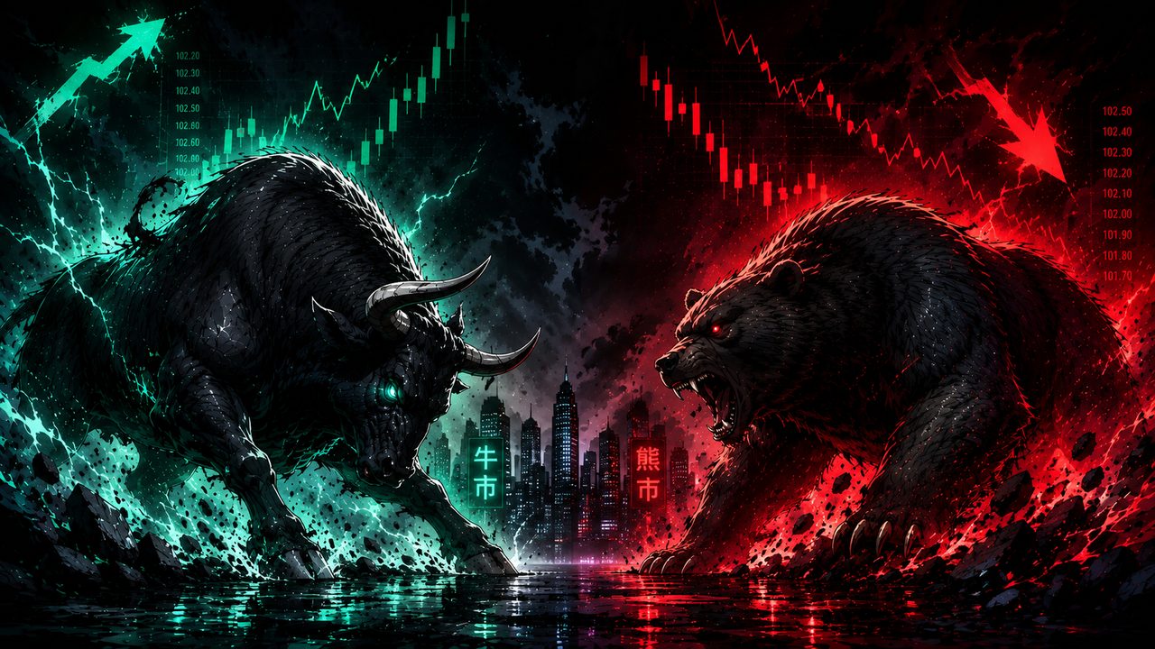 Cyberpunk bull and bear facing off over a neon city
